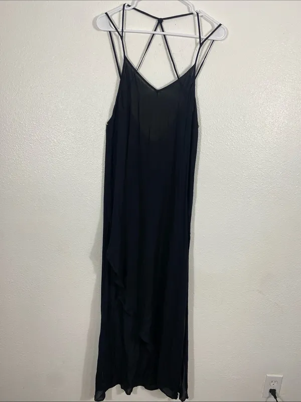 Free People Black Long Crisscross-Back Nightgown with Asymmetric Hem 100% Rayon - Image 5