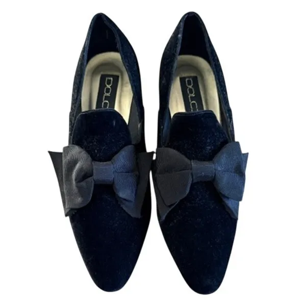 Dolcis Black Velvet Bow Kitten Heel Pumps Women's 7M Vintage Dress Shoes - Image 2