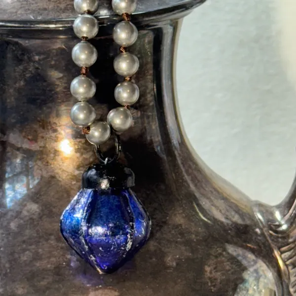 Artisan Handknotted Silver Necklace with Blue Vintage Ornament Pendant - Image 5