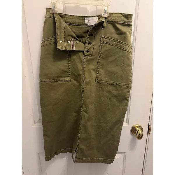 Anthropologie Green Khaki Utility Midi Skirt Button Front Cargo Pockets Size 4 - Image 4