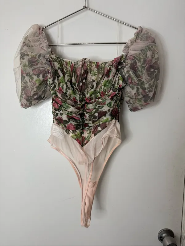 House of CB Nina Vintage Floral Gathered Mesh Bodysuit M - Image 5