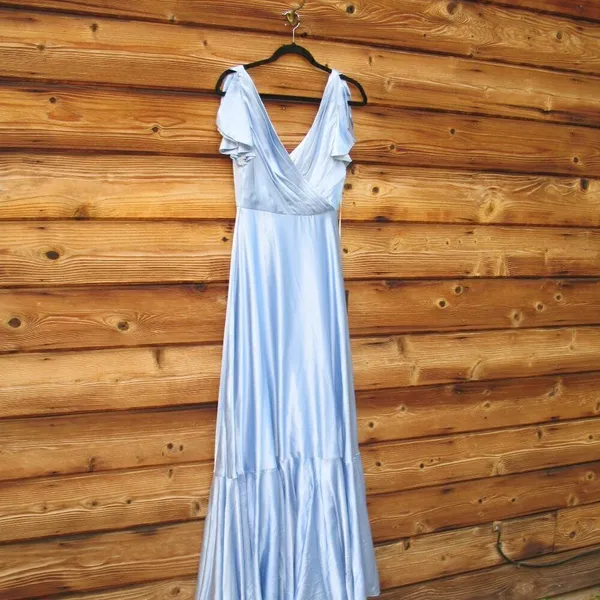 NWT Mac Duggal Blue FLOUNCE SLEEVE SATIN GOWN Missing Belt Size 2 - Image 9