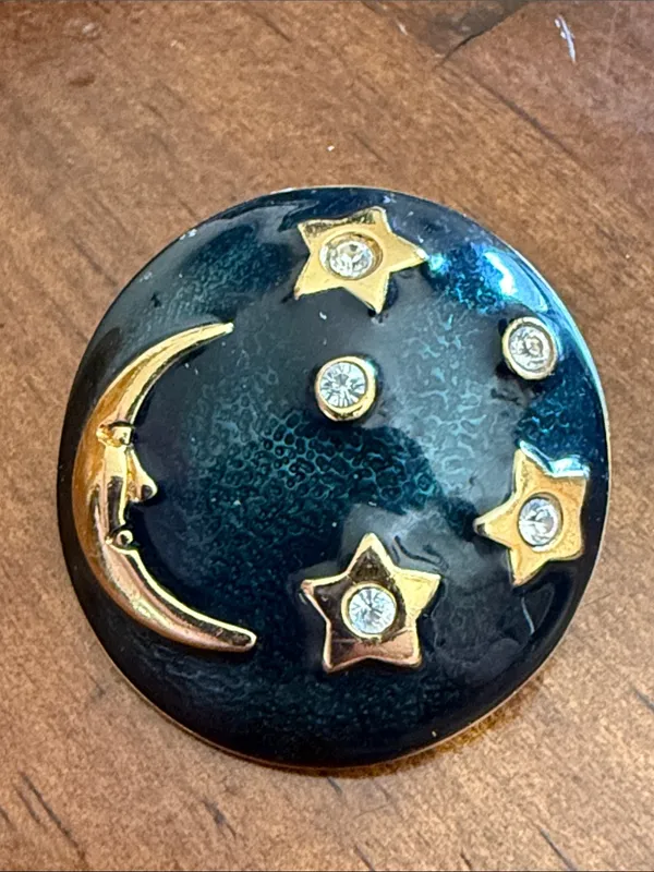 Vintage 80s Dark Teal Enamel Celestial Moon & Stars Dome Brooch Pin - Image 4