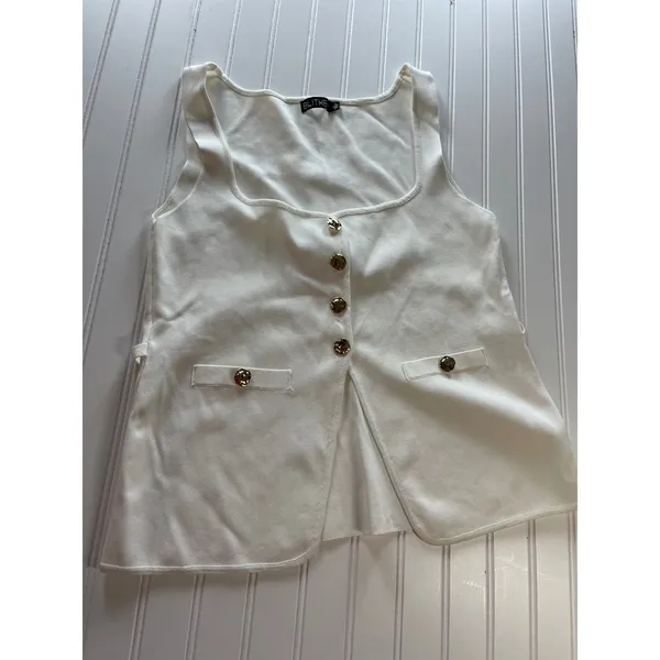Blithe Anthropologie Knit Vest Ivory Gold Button Square Neck Back Tie Top L White Size L - Image 3