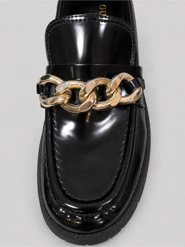GUESS Hillford Chunky Women Loafer Black Patent Gold Chain Platform Lug Sole 9.5 - Image 3