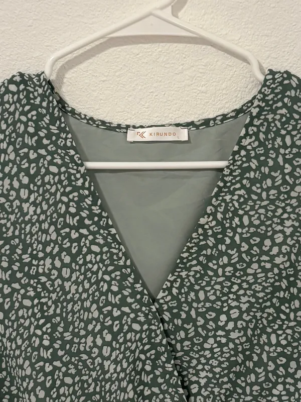 Kirundo Green and White Floral Print Knee Length Dress‎ Cottagecore Ruffle SZ L - Image 5