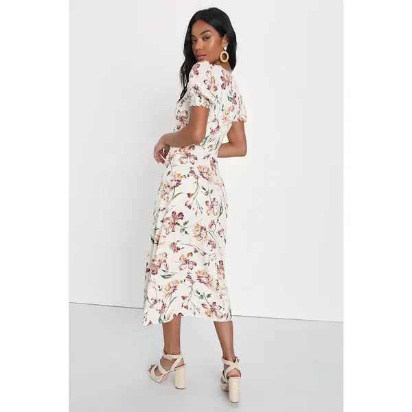NWT Lulus Parisian Picnic Cream Floral Jacquard Puff Sleeve Midi Dress Resort S - Image 3