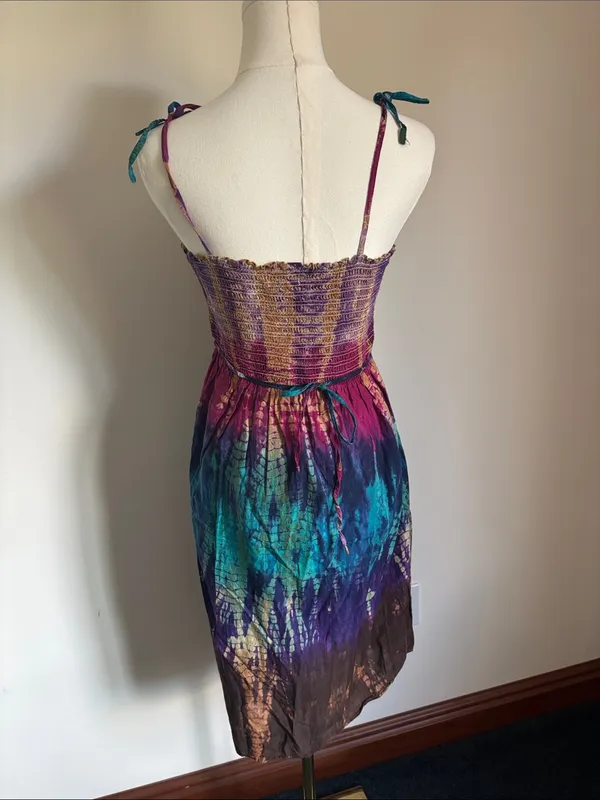 Motherhood Maternity Purple Teal Brown Tie-Dye Smocked Midi Dress - Image 4