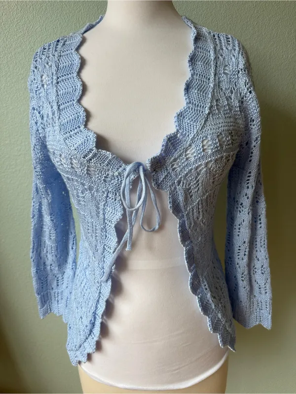 White Stag Light Blue Scalloped Tie-Front Knit Cardigan - Image 2