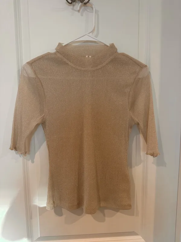 Anthropologie Lurex Mesh Top Mock Neck Lettuce Edge Knit Top - Image 3
