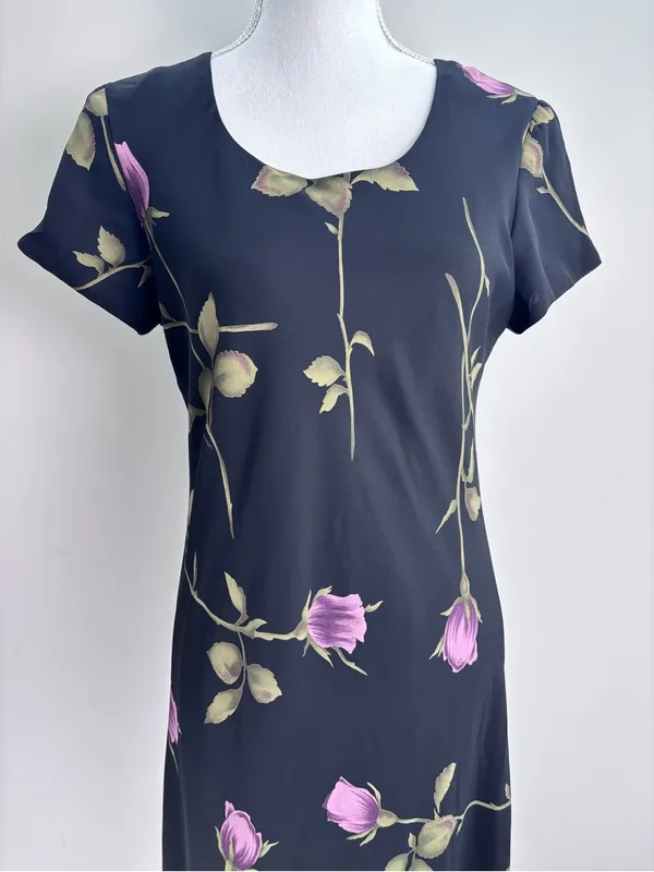Jessica Howard Black Pink Rose Floral Short Sleeve Maxi Gown Dress Vintage - Image 4