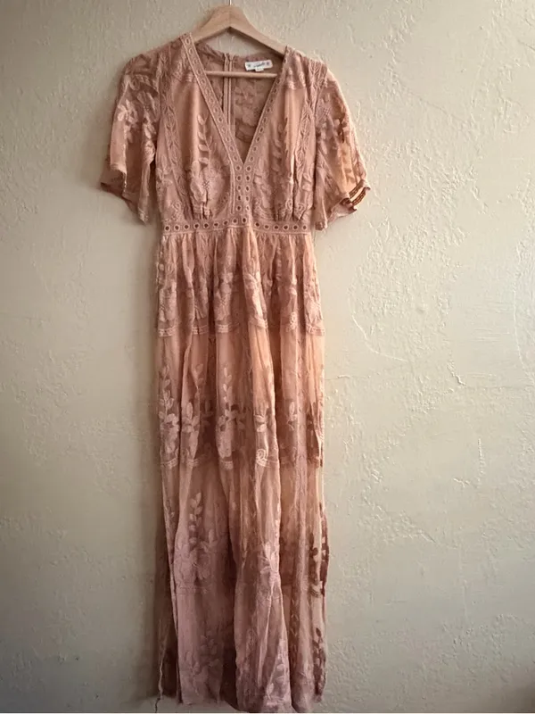 Blush Pink Lace Embroidered Maxi Dress - V-Neck Feminine Silhouette - Image 2