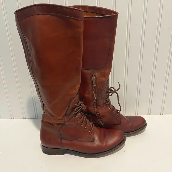 Frye Melissa Tall Lace Boots Women 7.5 Brown Leather Equestrian Riding Combat - Image 2