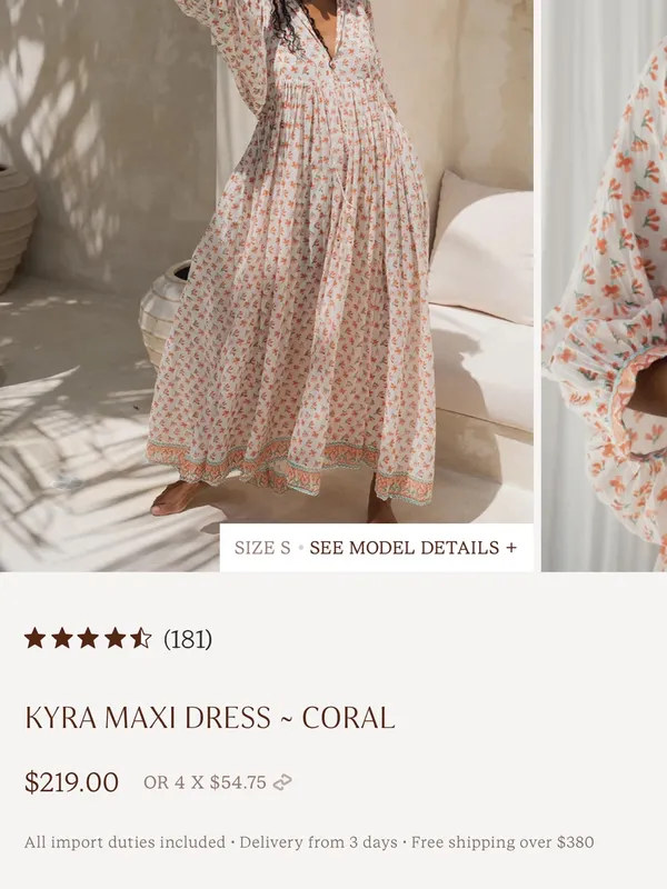 Daughters of India Kyra Coral Floral V-Neck Maxi Dress 3/4 Balloon Sleeve S - Image 2