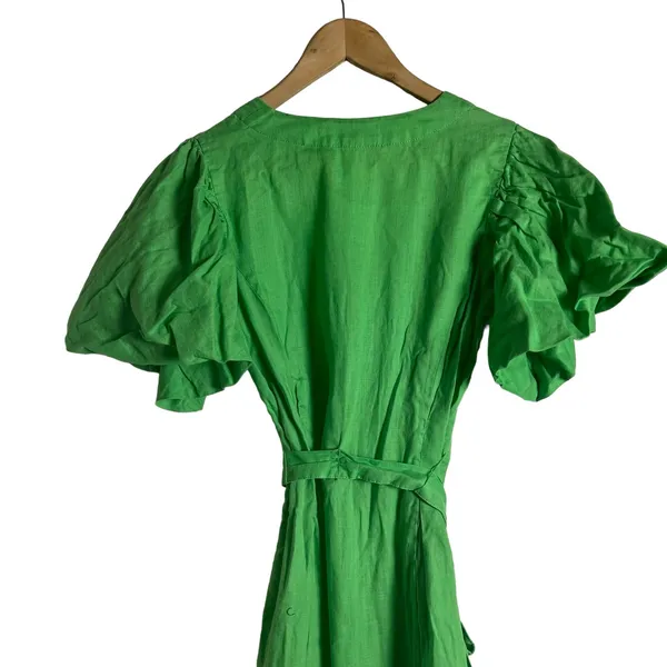 Nicholas Troy Green Linen Button Front Tie Waist Short Sleeve Dress Size 4 - Image 10