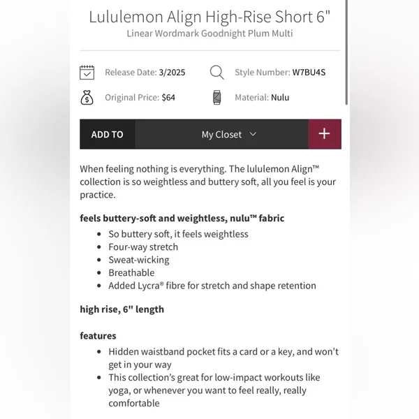 Lululemon NWT Align High Rise Shorts 6” Workmark Graphic Midnight Plum Size 4 - Image 9
