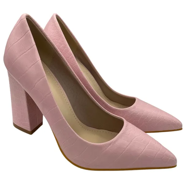 Women’s crocodile embossed chunky heeled pink court pumps Size 38/7.5US - Image 3