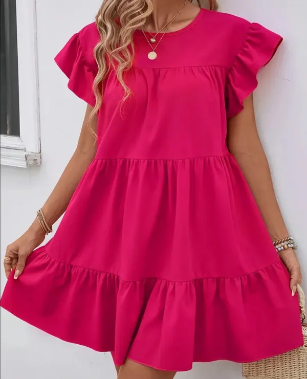 Solid Crew Neck Tiered Dress Pink - Image 2