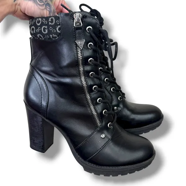 GUESS Los Angeles Black Lace-Up Hiker Booties Zip Chunky Block Heel Combat Boots - Image 2