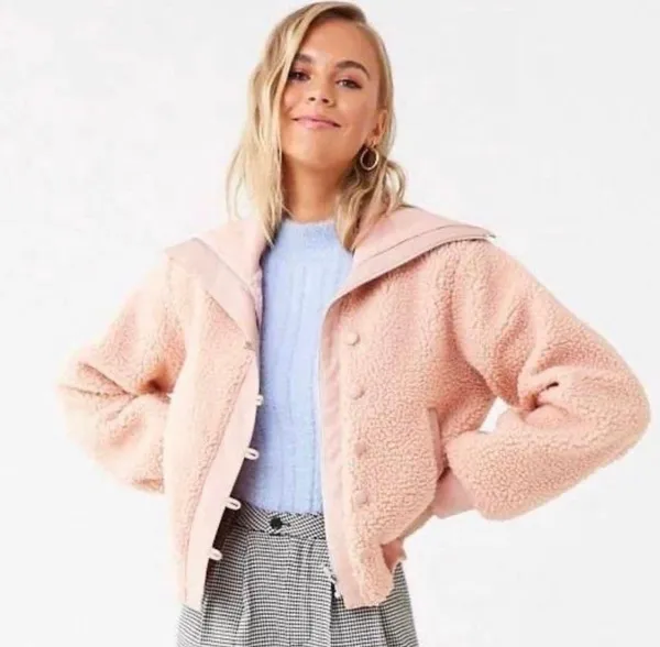 Forever 21 Light Pink Faux Shearling Oversized Teddy Jacket Fleece Sherpa Coat Size Medium - Image 3