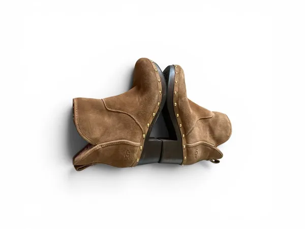 Ugg chestnut suede wooden heel ankle boots sheepskin lining pull on Sz 8 - Image 2