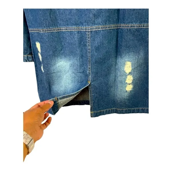 Woman Distressed Denim Jacket Shirt Dress Medium Medium Wash Long Sleeve - Image 7