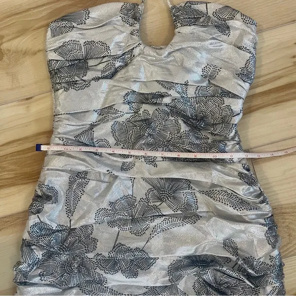 ZARA METALLIC DRAPED HALTER MINI DRESS SILVER W/ Black Floral Zipper Size Small - Image 11