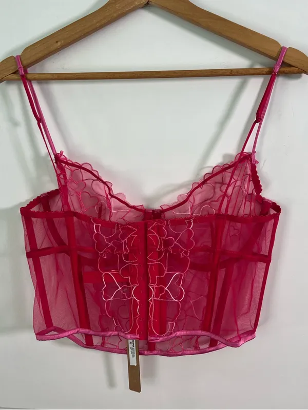 NWT SKIMS Embroidered Tulle Hearts Corset Top Size Large Pink Punch - Image 4