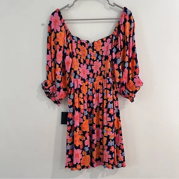 NWT Lulus Pollen in Love Navy Blue Floral‎ Puff Sleeve Mini Skater Dress SMALL - Image 7