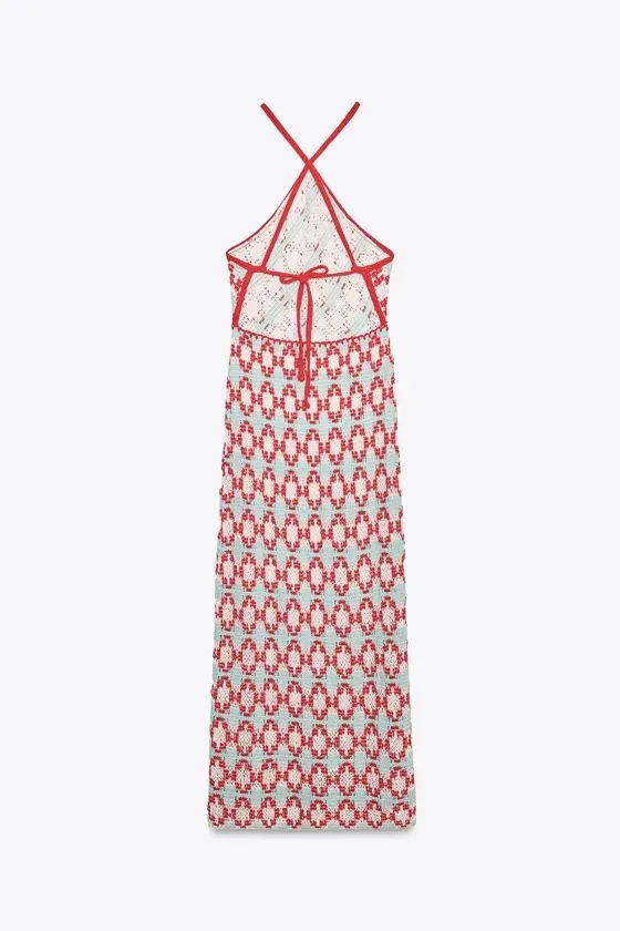 Zara Women’s Halter Knit Crochet Maxi Dress in Coral and Mint - Image 10