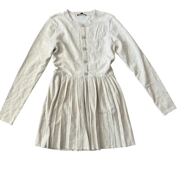 Lulus Beyond Sweet Heathered Beige Pearl Pleated Mini‎ Sweater Dress Sz M - Image 4
