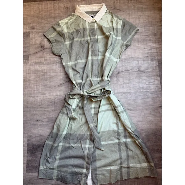 Barbour Tartan Plaid Belted Shirt Dress Green Beige Size 10 Cotton - Image 8