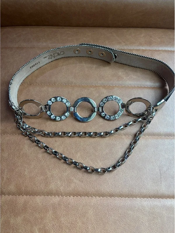 Cache Silver Hoop Ring Belt Layered Chain Rhinestone Y2K - Image 2