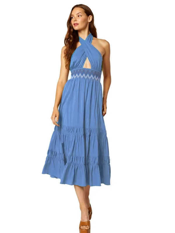 Misa Karolina Dress Blue Halter Smocked Fit & Flare Poplin Midi‎ Dress Size XS - Image 2