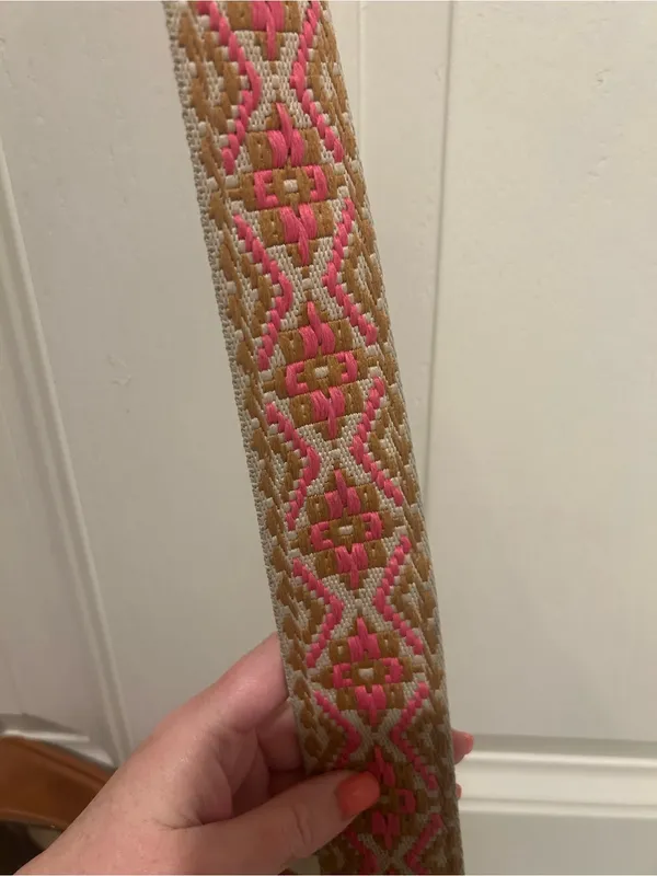 Tan Crossbody Camera Bag with Pink Patterned Strap and Tassel - Image 3