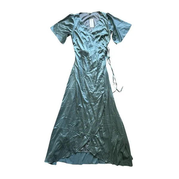 Baltic Born NWT Vara Satin Wrap Dress Womens Large Dusty Blue Maxi Party Wedding - Image 4