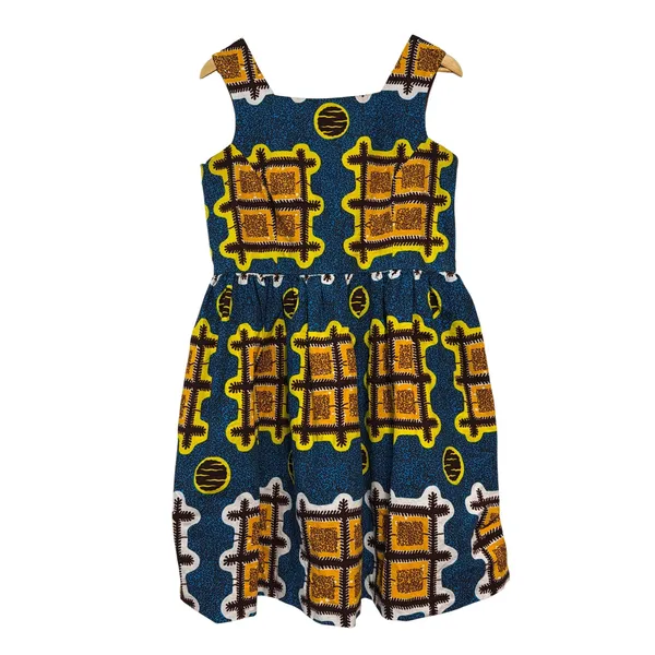 African Wax Print Fit and Flare Dress Blue Yellow Geometric Square Neck - Image 5