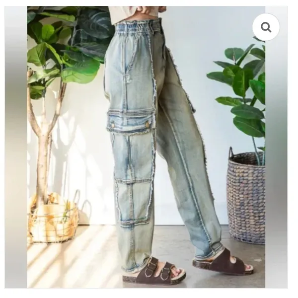 Oli‎ & Hali Yellow Wash Distressed Cargo Jeans XL Fringed Raw Edge Utility Pants - Image 13
