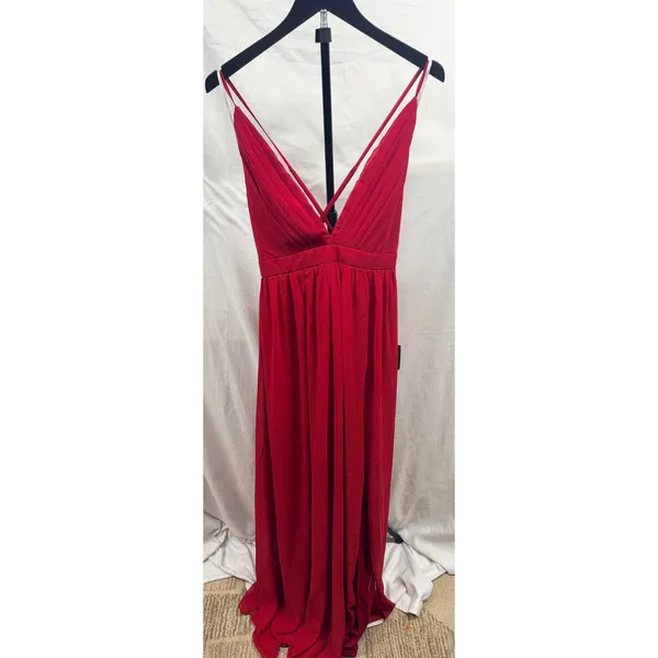 New! Lulu's Ballroom Bliss Red Pleated Deep V Chiffon Long Maxi Dress Sz Large - Image 3