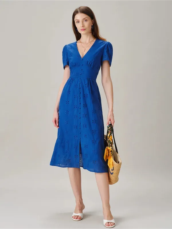 Rihoas Blue V Neck Puffed Sleeve Slit Midi Dress - Image 5
