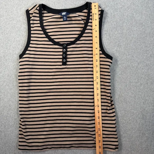 Lands' End Women's XL 16/18 Tan Black Striped Ribbed Henley Tank Top Casual - Image 4