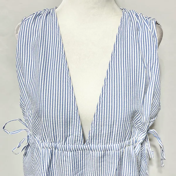 New ASOS Seersucker Plunge V-Neck Tie Waist Mini Sundress Blue White Size 4 - Image 8