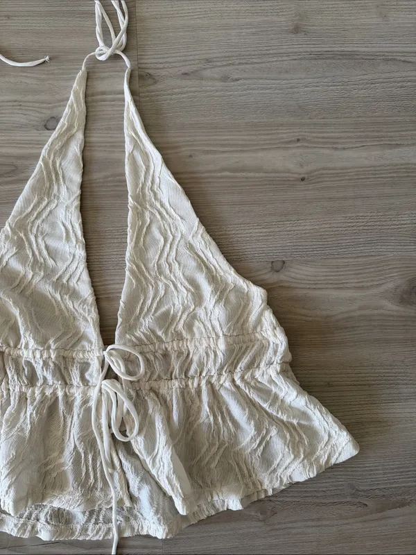 Zara Cream Textured Halter Tie-Front Top - Image 2