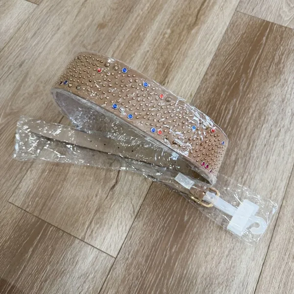 Source Unknown NEW Wide Vegan Leather Belt with Colorful and Metallic Studs Tan Khaki - Image 10