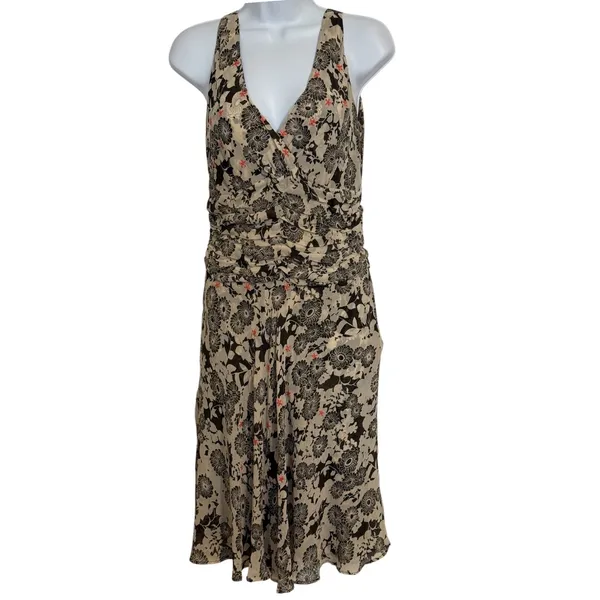 NOUGAT London 100% Silk Floral‎ Ruched Midi Dress Brown Cream Coral Dress EUC 2 - Image 2