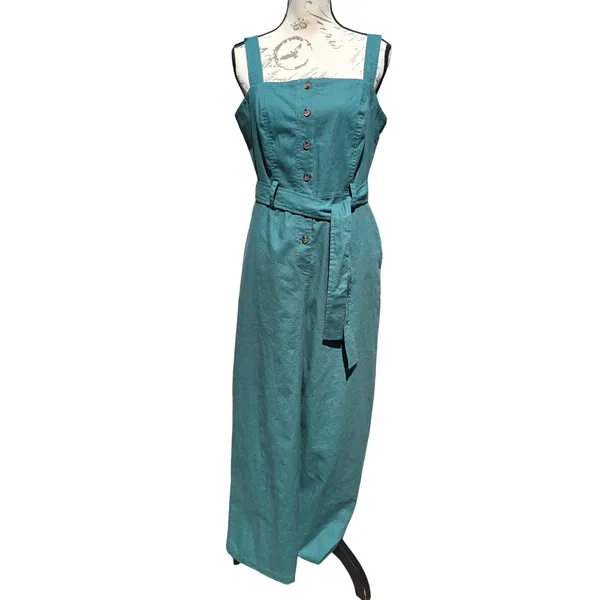Baltic Born Hartford Linen Blend Wide Leg Button‎ Front Jumpsuit Green Medium - Image 3