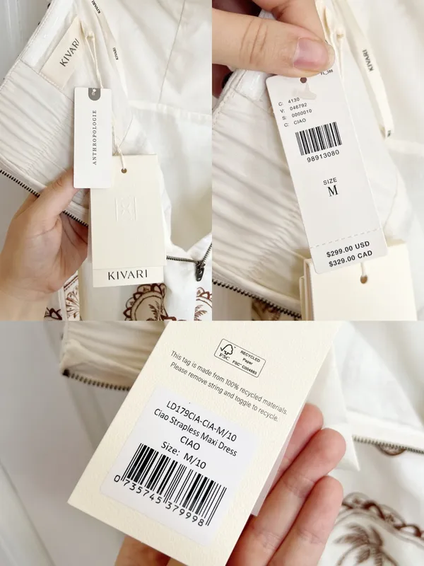 Kivari • Anthropologie Ciao Strapless Maxi Dress white linen print rickrack - Image 7