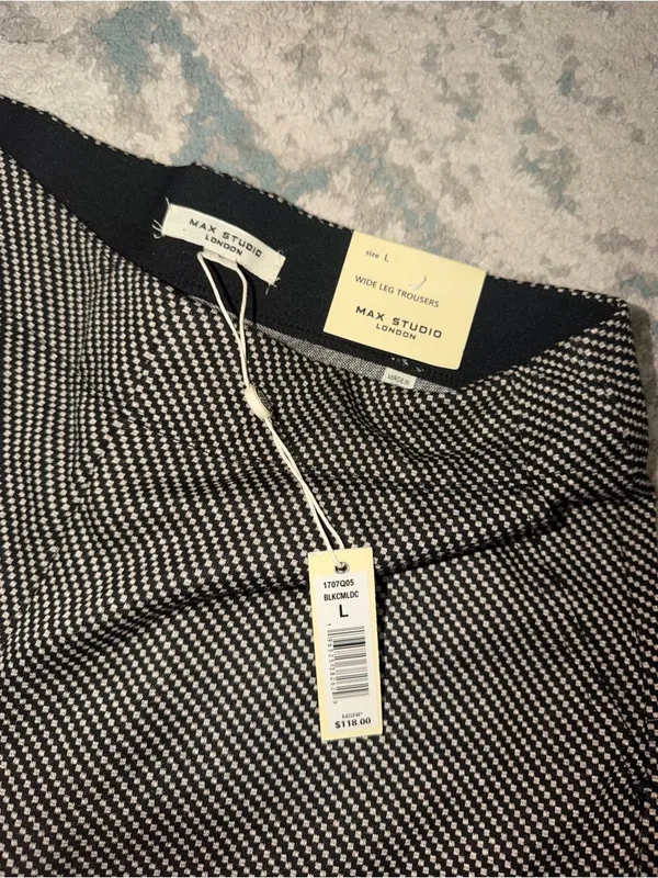 Max Studio London Wide Leg Trousers Black White Micro Check L NWT - Image 3