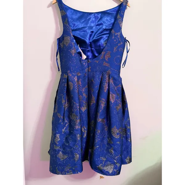 Allure Bridals Bridesmaids Navy Blue Brocade Fit Flare Pleated Dress Size‎ 14 - Image 4