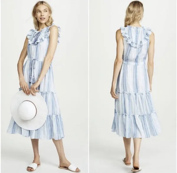 MISA Los Angeles Medium Aleja Stripe Print Linen Midi Dress White Blue Tassel - Image 2